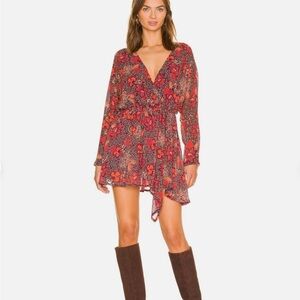 Free People Teegan Mini Dress Peach Combo Floral Print Orange Red Medium